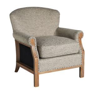 Sillón Laronxe de estilo colonial fabricado en poliéster en color gris combinado con madera de fresno.