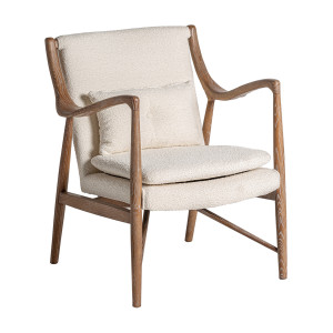 Sillón morbach de estilo art deco fabricado en poliéster en color blanco roto combinado con madera de fresno en color marrón. Producto desmontable desenfundable.