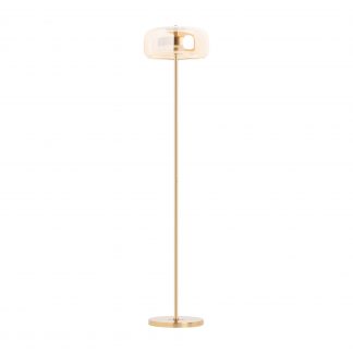 Lámpara de pie leslia, en color oro, de estilo art deco. Fabricado en hierro, combinado con acrílico y cristal.