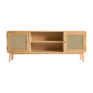 Mueble tv sneek, en color natural, de estilo nórdico. Fabricado en madera de pino, combinado con ratán y madera dm. Producto desmontable.