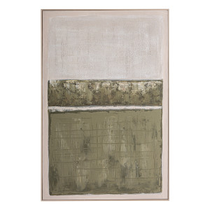 Cuadro Kain de estilo contemporáneo, fabricado en lienzo en color tonos en verde con acabado artesanal, combinado con madera de pino en color marrón claro.