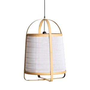 Lámpara de colgar Woeth de estilo contemporáneo, fabricado en bambú en color marrón, combinado con lino y hierro.