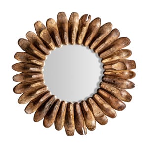 Espejo Roth de estilo étnico, fabricado en madera de mango reciclada en color marrón con acabado envejecido, combinado con espejo.