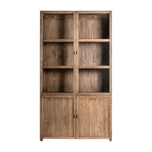 Vitrina Nysted de estilo colonial, fabricado en madera de teka reciclada en color marrón, combinado con cristal en color transparente. Producto apilable.