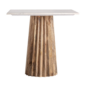 Mesa bar Plissé wood de estilo contemporáneo, fabricado en madera de mango en color marrón, combinado con mármol en color blanco con acabado brillo. Producto desmontable.