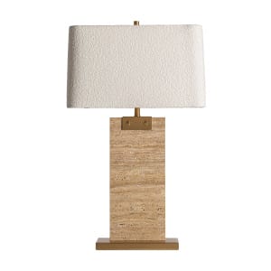 Lámpara de sobremesa Lahen de estilo art deco, fabricado en travertino en color marrón claro, combinado con hierro en color oro y algodón bouclé en color blanco roto. Producto desmontable.