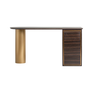 Escritorio cheb de estilo art deco, fabricado en madera de pino en color marrón, combinado con acero en color oro.
