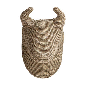 Figura decorativa toro de estilo boho, fabricado en fibra natural en color marrón.