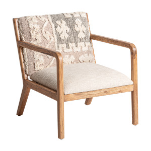 Sillón greensburg de estilo boho, fabricado en madera de mango en color marrón claro con acabado natural, combinado con algodón en color blanco roto con acabado jaspeado y cáñamo en color marrón con acabado natural.