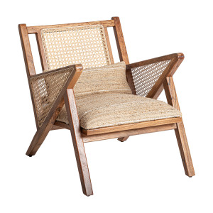 Sillón Hickory de estilo boho, fabricado en madera de mango en color marrón, combinado con algodón en color tonos neutros y yute en color marrón claro. Producto desenfundable.