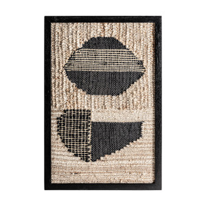 Cuadro Celso de estilo contemporáneo, fabricado en madera de mango en color negro con acabado artesanal, combinado con yute en color marrón y algodón en color tonos neutros.