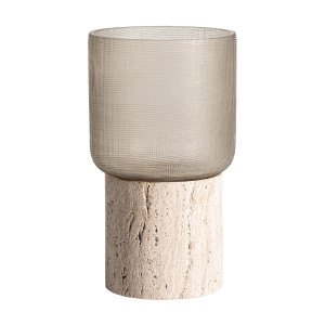 Portavela jasha de estilo contemporáneo, fabricado en mármol en color crema, combinado con cristal. Producto desmontable.