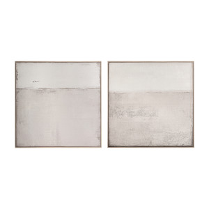 Lienzo j 2 Cyrus de estilo contemporáneo, fabricado en lienzo en color tonos claros con acabado artesanal, combinado con madera de pino en color marrón claro.