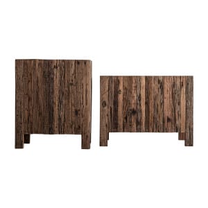 Macetero j 2 Samsun de estilo colonial, fabricado en madera recuperada en color marrón. Producto apilable.