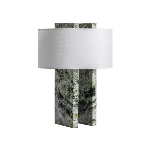 Lámpara de sobremesa Viridis de estilo art deco, fabricado en mármol en color tonos en verde, combinado con hierro en color oro y algodón en color blanco. Producto desmontable.