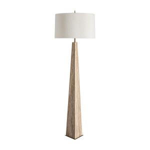 Lámpara de pie Tetbury de estilo art deco, fabricado en mármol en color beige, combinado con hierro en color oro con acabado bronce y algodón bouclé en color blanco. Producto desmontable.