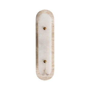 Aplique Tina de estilo art deco, fabricado en travertino en color beige, combinado con alabastro en color blanco y acero en color dorado.