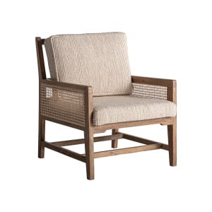 Sillón romarand de estilo clásico, fabricado en madera de mango en color marrón, combinado con mimbre en color beige y madera dm.