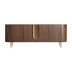 Aparador Treignac de estilo art deco, fabricado en chapa de roble en color marrón con acabado teñido, combinado con madera dm y acero inoxidable en color oro con acabado mate.