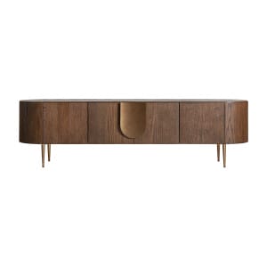 Mueble tv Treignac de estilo art deco, fabricado en chapa de roble en color marrón con acabado teñido, combinado con madera dm y acero inoxidable en color oro con acabado mate. Producto desmontable.