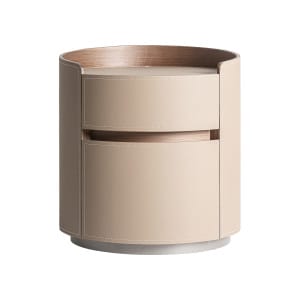 Mesita de noche Kandern de estilo art deco, fabricado en madera contrachapada en color marrón claro, combinado con polipiel en color beige.