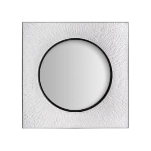 Espejo hakim de estilo art deco, fabricado en madera dm en color blanco con acabado rugoso, combinado con hierro en color negro y espejo.