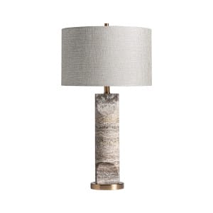 Lámpara de sobremesa Helios de estilo art deco, fabricado en mármol en color gris, combinado con hierro en color oro y poliéster en color gris. Producto desmontable.