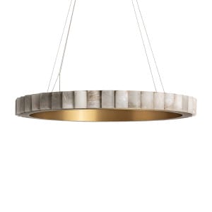 Lámpara de colgar Aurea de estilo art deco, fabricado en alabastro en color blanco, combinado con acero en color oro con acabado bronce.