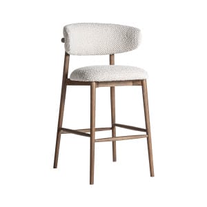 Taburete Erlec de estilo contemporáneo, fabricado en madera de fresno en color marrón, combinado con poliéster en color beige.