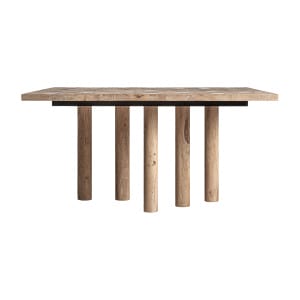 Mesa comedor Jacquard de estilo contemporáneo, fabricado en madera de mango en color marrón claro, combinado con travertino en color marrón. Producto desmontable.