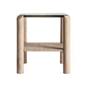 Mesa auxiliar jacquard, de estilo contemporáneo. Fabricado en madera de mango, en color marrón claro, combinado con vidrio, en color transparente. Producto desmontable.