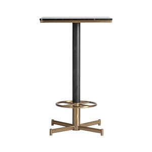 Mesa bar Mhere de estilo art deco, fabricado en acero inoxidable en color negro, combinado con hierro en color oro y mármol sintético en color negro con acabado veteado.