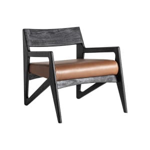 Sillón beslon de estilo contemporáneo, fabricado en madera de acacia en color negro, combinado con cuero en color marrón.