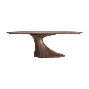 Mesa comedor sittard de estilo contemporáneo, fabricado en chapa de nogal en color marrón con acabado natural, combinado con madera dm y fibra de vidrio.