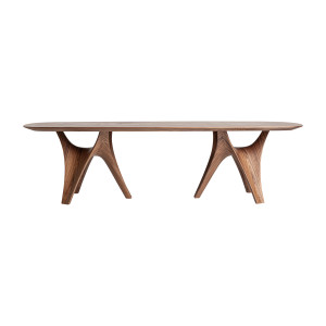 Mesa comedor bilzen de estilo contemporáneo, fabricado en chapa de nogal en color marrón con acabado natural, combinado con madera dm y fibra de vidrio.