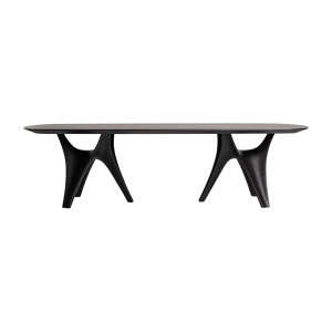 Mesa comedor bilzen de estilo contemporáneo, fabricado en chapa de roble en color negro, combinado con madera dm y fibra de vidrio.