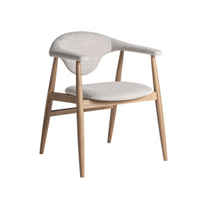 Silla Dilbeek de estilo contemporáneo, fabricado en madera de haya en color marrón claro con acabado mate, combinado con espuma y poliéster en color gris con acabado jaspeado.