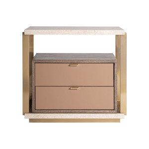 Mesita de noche monza de estilo art deco, fabricado en travertino en color beige, combinado con acero inoxidable en color dorado con acabado brillo y madera dm en color marrón.