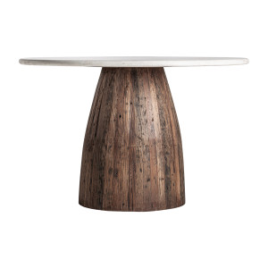 Mesa comedor skorup de estilo rústico, fabricado en madera recuperada en color marrón con acabado envejecido, combinado con mármol en color blanco.
