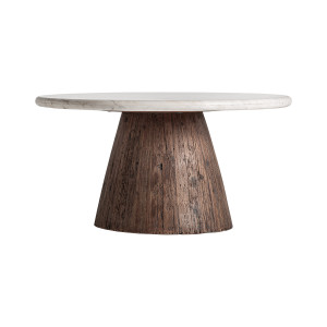 Mesa de centro skorup de estilo rústico, fabricado en madera recuperada en color marrón con acabado envejecido, combinado con mármol en color blanco.