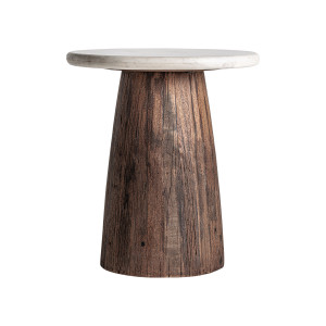 Mesa auxiliar skorup de estilo rústico, fabricado en madera recuperada en color marrón con acabado envejecido, combinado con mármol en color blanco.