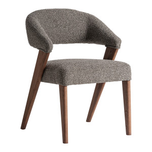 Silla Veney de estilo contemporáneo, fabricado en poliéster en color gris con acabado jaspeado, combinado con madera roble en color marrón y madera de caucho.