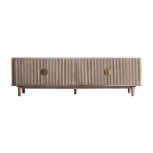 Mueble tv Zerf de estilo contemporáneo, fabricado en madera de mango en color marrón, combinado con mármol en color blanco y madera dm en color marrón.