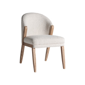 Silla Prati bouclé de estilo contemporáneo, fabricado en madera de pino en color marrón, combinado con algodón bouclé en color blanco.