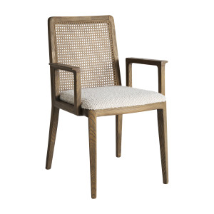 Silla Mattia de estilo contemporáneo, fabricado en madera de fresno en color marrón, combinado con lino en color beige.