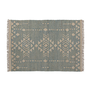 Alfombra Kozakura de estilo clásico, fabricado en yute en color azul, combinado con algodón en color beige.