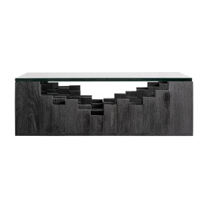 Mesa de centro Pètria de estilo contemporáneo, fabricado en madera de mango en color negro con acabado arenado, combinado con cristal en color tonos oscuros con acabado templado. Producto desmontable.