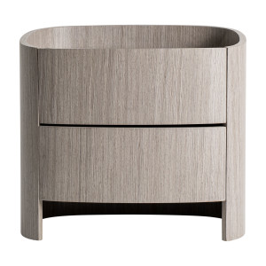 Mesita de noche Burkina de estilo contemporáneo, fabricado en madera contrachapada en color gris, combinado con chapa de roble en color gris y cuero en color gris.