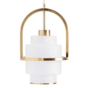 Lámpara de colgar Laule de estilo art deco, fabricado en cristal en color blanco con acabado texturizado, combinado con acero en color oro. Producto desmontable.