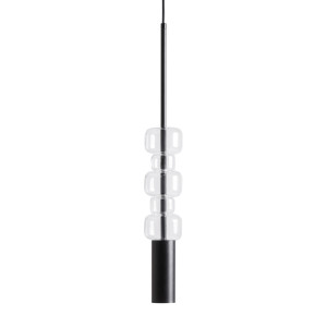 Lámpara de colgar Zale de estilo art deco, fabricado en cristal en color transparente, combinado con acero en color negro. Producto desmontable.
